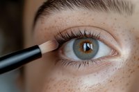 Macro shot of applying eyeshadow with makeup brush on freckled skin around bright hazel eye with long natural eyelashes. Professional beauty cosmetics application.