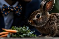 Young brown rabbit with expressive eyes near fresh carrots and person wearing polka dot bow tie, captured in soft natural lighting against dark background.
