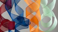Colorful translucent ribbons flowing in dynamic waves creating abstract patterns with red blue orange and green transparent fabric strips.