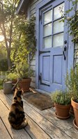 Charming cottage entrance with blue door, calico cat on wooden porch surrounded by potted plants and climbing vines in warm sunlight.