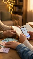 Cozy evening study session with hands holding smartphone and open book, warm bokeh lights creating atmospheric home learning environment for education content.