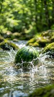 Fresh watermelon splashing in clear mountain stream with water droplets and moss-covered rocks in natural forest setting for summer refreshment concepts.
