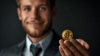 Young Caucasian businessman in suit holding golden bitcoin coin with confident smile against dark background, cryptocurrency investment concept.