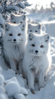 Arctic foxes with white winter coats standing in snow, backlit by soft sunlight creating a glowing outline around their fur.