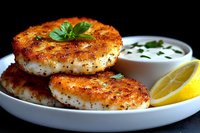 Crispy pan-seared fish cakes garnished with fresh herbs, served on white plate with creamy dipping sauce and lemon wedge against dark background.