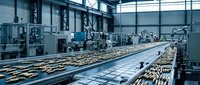Modern automated production line with conveyor belt system in industrial manufacturing facility with steel framework and large windows.