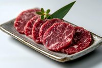 Fresh marbled beef slices arranged on rectangular ceramic plate with green garnish, raw premium meat cuts showing rich texture and marbling pattern.