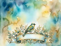 Watercolor bird perched on decorative branch with flowing banner and botanical foliage elements, suitable for greeting cards, invitations, and artistic design projects.