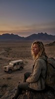 Woman with blonde hair, Caucasian ethnicity, wearing a backpack and jacket, sitting on a rock overlooking a desert landscape with mountains and a parked vehicle at sunset or dusk. Suitable for travel, adventure, and lifestyle editorial use.