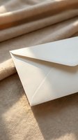 Elegant cream envelope on soft beige fabric with warm natural sunlight creating gentle shadows for wedding invitations and correspondence design.
