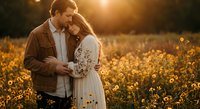 Romantic couple embracing in golden sunlight field during sunset, intimate moment together in nature, love and relationship concept for wedding photography.