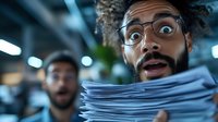 Young African American businessman with glasses and curly hair showing shocked expression while holding large stack of paperwork in modern office environment.