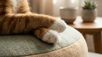 Ginger tabby cat resting paws on upholstered ottoman in cozy home interior with potted plants and warm natural lighting for pet lifestyle content.