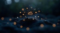 Glowing orange social media and mountain icons floating over dark textured surface with bokeh light effects, digital network concept for business marketing.