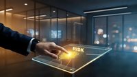 Businessman in dark suit touching glowing risk text on digital tablet in modern office with city skyline, representing business strategy and financial management decisions.