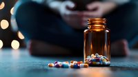 Amber glass medicine bottle with colorful pills spilled on dark surface. Blurred person in background with warm bokeh lights creating moody pharmaceutical scene.