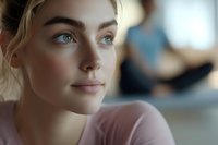 Young Caucasian woman with striking blue eyes and blonde hair gazing thoughtfully into distance. Soft natural lighting creates dreamy atmosphere. Wearing pink top.