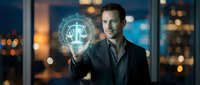 Professional businessman in dark suit holding glowing digital justice scales hologram in modern office with city lights background at night.
