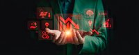 Businessman in suit holding glowing red financial crisis icons showing market crash, economic downturn and investment losses on dark background.