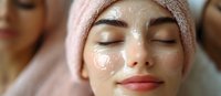 Young woman with closed eyes enjoying facial skincare treatment with moisturizing cream mask at spa salon for relaxation and beauty wellness routine.