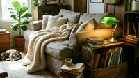 Cozy reading nook with comfortable armchair, warm blankets, stacked books, potted plants, and soft lamp lighting for relaxation and study spaces.