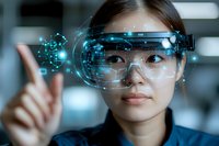 Young Asian woman wearing augmented reality smart glasses interacting with holographic interface display, futuristic technology concept in blue tones.