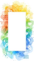 Colorful watercolor frame with tropical leaves and abstract patterns in rainbow gradient from yellow to blue with white copy space for text or design.