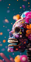 Vibrant Mexican sugar skull decorated with colorful flowers, beads and patterns against dark teal background with floating bokeh lights, celebrating Day of Dead tradition.