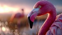 Pink flamingo head close-up portrait at sunset with soft bokeh background showing detailed feathers and distinctive curved beak in warm golden light.