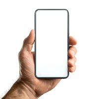 Hand holding modern smartphone with blank white screen isolated on white background for mockup or app design presentation.