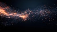 Glowing orange and blue particles flow through dark space creating magical cosmic effect, abstract background for science and technology designs.