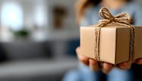 Hands holding small kraft paper gift box with rustic twine bow against blurred background, creating intimate gift-giving moment. Perfect for holiday marketing.
