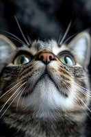 Tabby cat looking up with green eyes and whiskers in close-up portrait shot against dark background for pet photography and animal lover content.