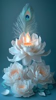 White lotus flowers with burning candle and peacock feather on teal background for spiritual meditation wellness spa relaxation mindfulness zen concepts.