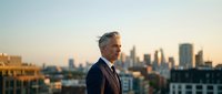 Confident mature businessman in suit standing on rooftop overlooking city skyline at sunset, professional executive portrait for corporate success concepts.