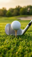 Golf ball on tee with iron club on lush green course fairway at golden hour, sport and leisure concept.