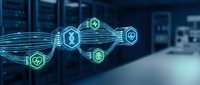 Modern data center with glowing cybersecurity network connections and shield icons representing digital protection and secure cloud infrastructure.