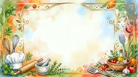 Culinary kitchen frame with cooking utensils, fresh vegetables and herbs surrounding central space for recipe text, menu design or food blog content.