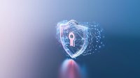 Glowing digital shield with keyhole floating in blue space, representing cybersecurity and data protection through advanced encryption technology and network defense.