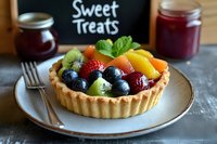 Fresh fruit tart with colorful berries, kiwi, mango and strawberries on shortcrust pastry base, served on gray plate with sweet treats sign and jams.