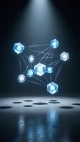 Futuristic network visualization with glowing blue nodes and connections floating in dramatic spotlight for technology and blockchain concepts.