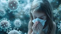 Young woman sneezing into tissue surrounded by floating virus particles in blue toned medical concept illustration for health awareness campaigns.
