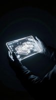 Engineer in black gloves holding futuristic holographic tablet displaying architectural blueprint against dark background for technology and innovation concepts.