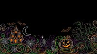 Halloween decorative border with haunted house, pumpkin and bats on black background for seasonal designs and party invitations.