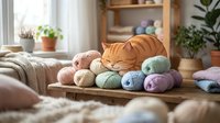 Cozy home interior with colorful yarn balls and knitting supplies on wooden table near window. Crafting hobby setup in bright living room with plants.