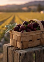 Fresh ripe strawberries in wooden basket on farm crates with blurred agricultural field rows and mountains at golden hour sunset for organic produce marketing.