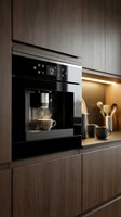 Modern built-in coffee machine in luxury kitchen with warm wood cabinets and ambient lighting creating cozy atmosphere for morning routine.