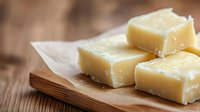Fresh homemade butter blocks on parchment paper and wooden cutting board, ready for cooking and baking in rustic kitchen setting.