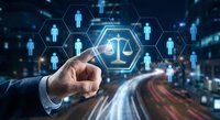 Businessman hand touching digital justice scales with human resources icons in hexagonal network interface for legal technology and HR management.