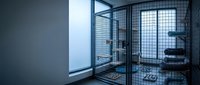 Modern industrial office interior with metal mesh partition wall and natural window light creating professional workspace atmosphere.